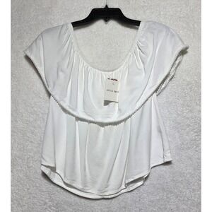 Style Envy White Off The Shoulder Ruffle Pom Pom Trim Rayon Blouse Top Large NEW